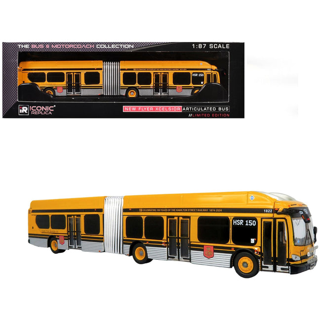 New Flyer Xcelsior XE60 Articulated Transit Bus "Hamilton Street Railway - 150th Anniversary" Yellow with Black Stripes "The Bus & Motorcoach Collection" Limited Edition 1/87 (HO) Diecast Model by Iconic Replicas-Iconic Replicas-ModelCars.com