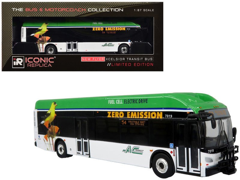 New Flyer Xcelsior XHE40 Transit Bus "AC Transit - Zero Emission" White and Green with Graphics "The Bus & Motorcoach Collection" Limited Edition 1/87 (HO) Diecast Model by Iconic Replicas-Iconic Replicas-ModelCars.com