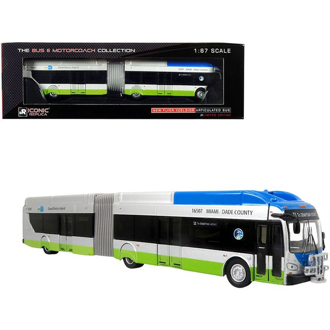 New Flyer Xcelsior XN - 60 Aerodynamic Articulated Bus 11 "Miami - Dade County" Silver and Blue with Green Stripe "The Bus & Motorcoach Collection" 1/87 (HO) Diecast Model by Iconic Replicas - Iconic Replicas - ModelCars.com