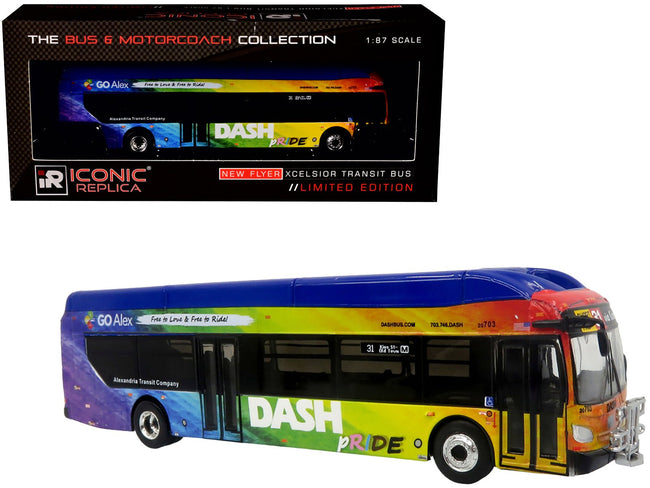 New Flyer Xcelsior XN40 Transit Bus "DASH Pride Livery" Blue with Rainbow Graphics "The Bus & Motorcoach Collection" Limited Edition 1/87 (HO) Diecast Model by Iconic Replicas-Iconic Replicas-ModelCars.com