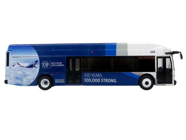 New Flyer Xcelsior XN40 Transit Bus "Delta Air Lines 100th Anniversary" Blue and White with Graphics "The Bus & Motorcoach Collection" Limited Edition 1/87 (HO) Scale Diecast Model by Iconic Replicas-Iconic Replicas-ModelCars.com