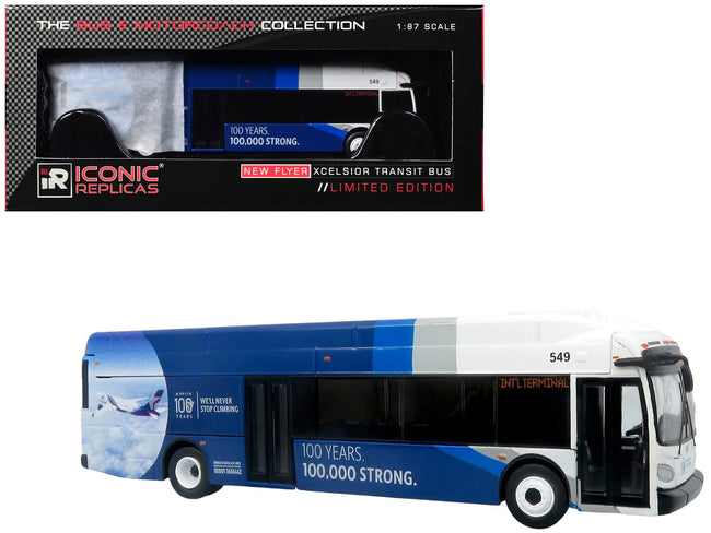 New Flyer Xcelsior XN40 Transit Bus "Delta Air Lines 100th Anniversary" Blue and White with Graphics "The Bus & Motorcoach Collection" Limited Edition 1/87 (HO) Scale Diecast Model by Iconic Replicas-Iconic Replicas-ModelCars.com