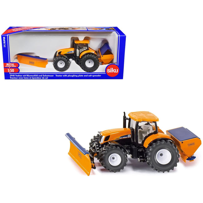 New Holland T7070 Tractor with Ploughing Plate and Salt Spreader Yellow 1/50 Diecast Model by Siku - SIKU - ModelCars.com