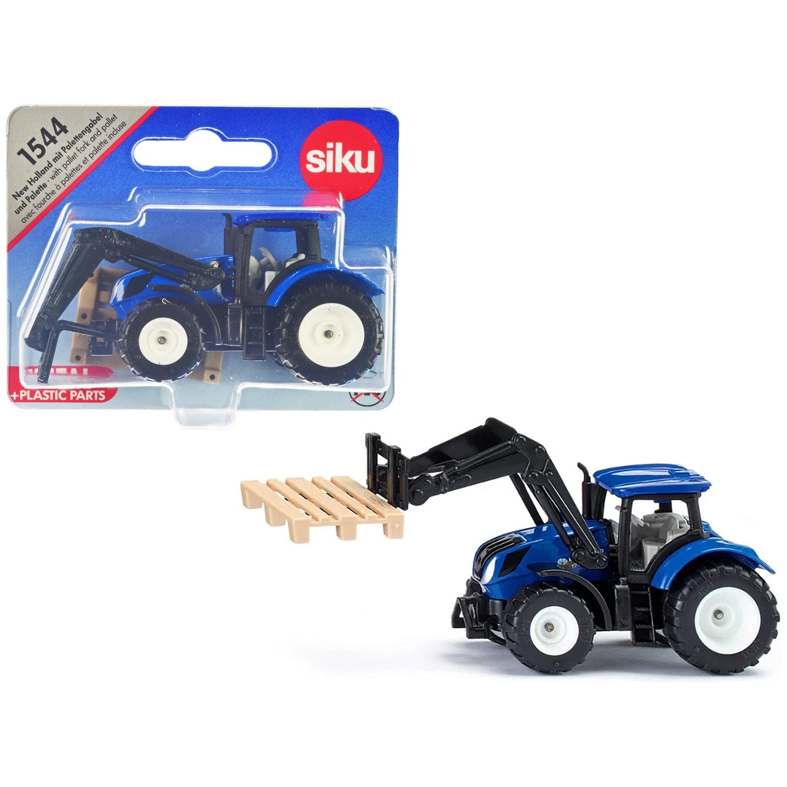 New Holland T7.315 Tractor with Pallet Fork and Pallet Blue and Black Diecast Model by Siku - SIKU - ModelCars.com