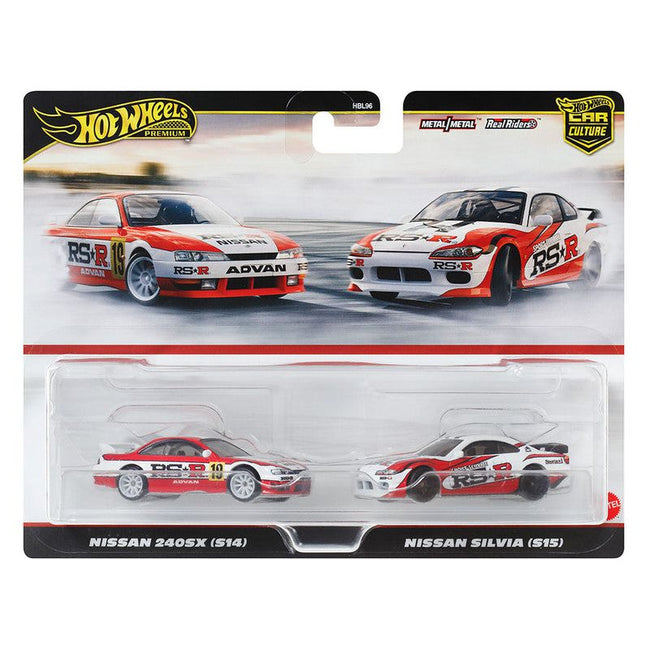 Nissan 240SX (S14) RHD (Right Hand Drive) #19 Red and White and Nissan Silvia (S15) RHD (Right Hand Drive) Red and White "Car Culture" Set of 2 Cars Diecast Model Cars by Hot Wheels-Hotwheels-ModelCars.com