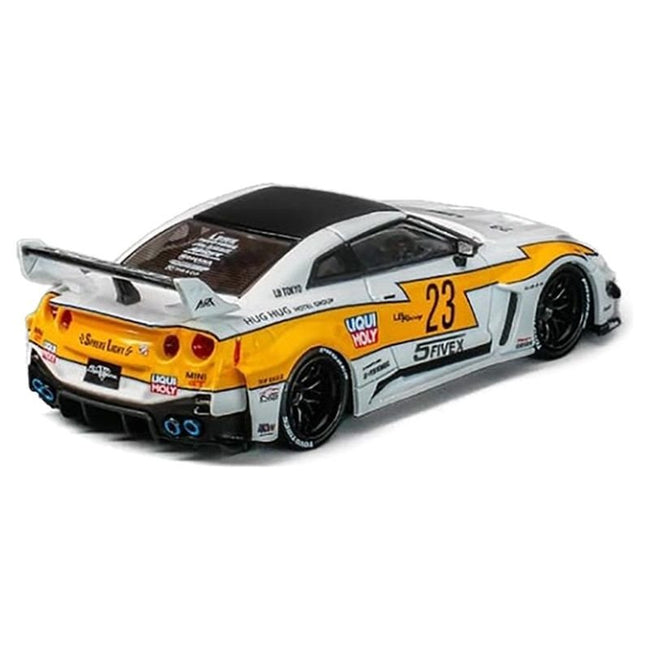 Nissan 35GT-RR "LB-Silhouette Works GT" RHD (Right Hand Drive) #23 White with Yellow Graphics with Extra Wheels 1/64 Diecast Model Car by CM Models-CM Models-ModelCars.com