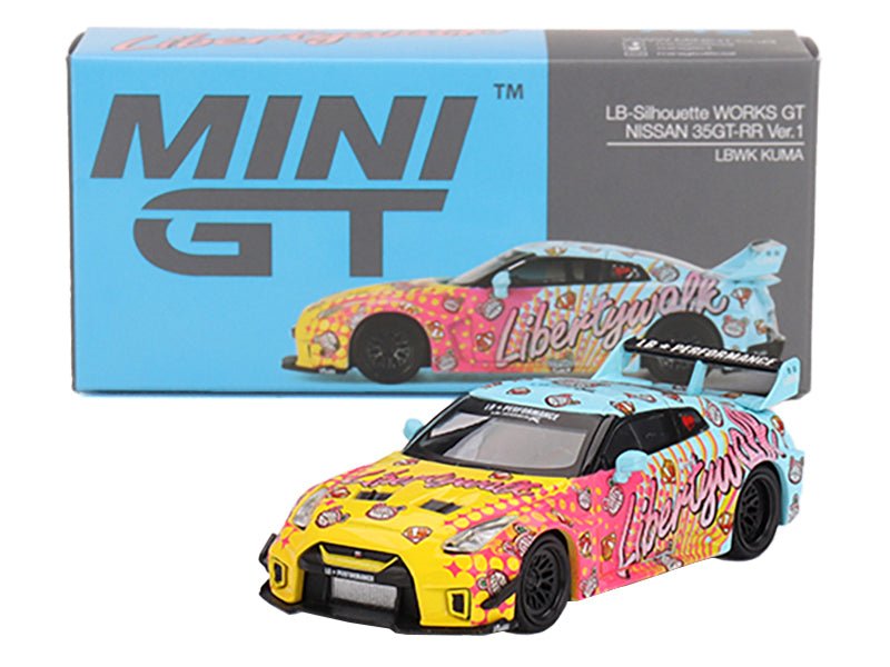Nissan 35GT-RR Ver.1 "LB-Silhouette Works GT" Light Blue and Yellow with Graphics "LBWK KUMA" Limited Edition 1/64 Diecast Model Car by Mini GT-Mini GT-ModelCars.com