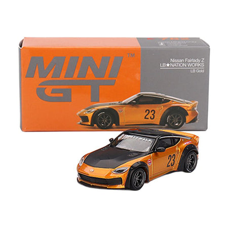 Nissan Fairlady Z #23 "LB-NATION WORKS" LB Gold Metallic with Matt Black Hood and Black Top Limited Edition 1/64 Diecast Model Car by Mini GT-Mini GT-ModelCars.com