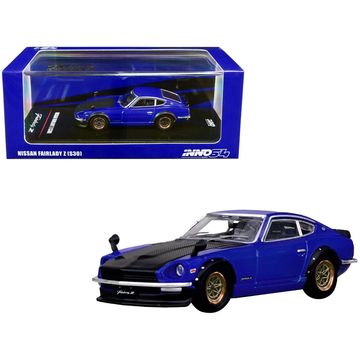 Nissan Fairlady Z (S30) RHD (Right Hand Drive) Blue Metallic with Carbon Hood 1/64 Diecast Model Car by Inno Models-Inno Models-ModelCars.com