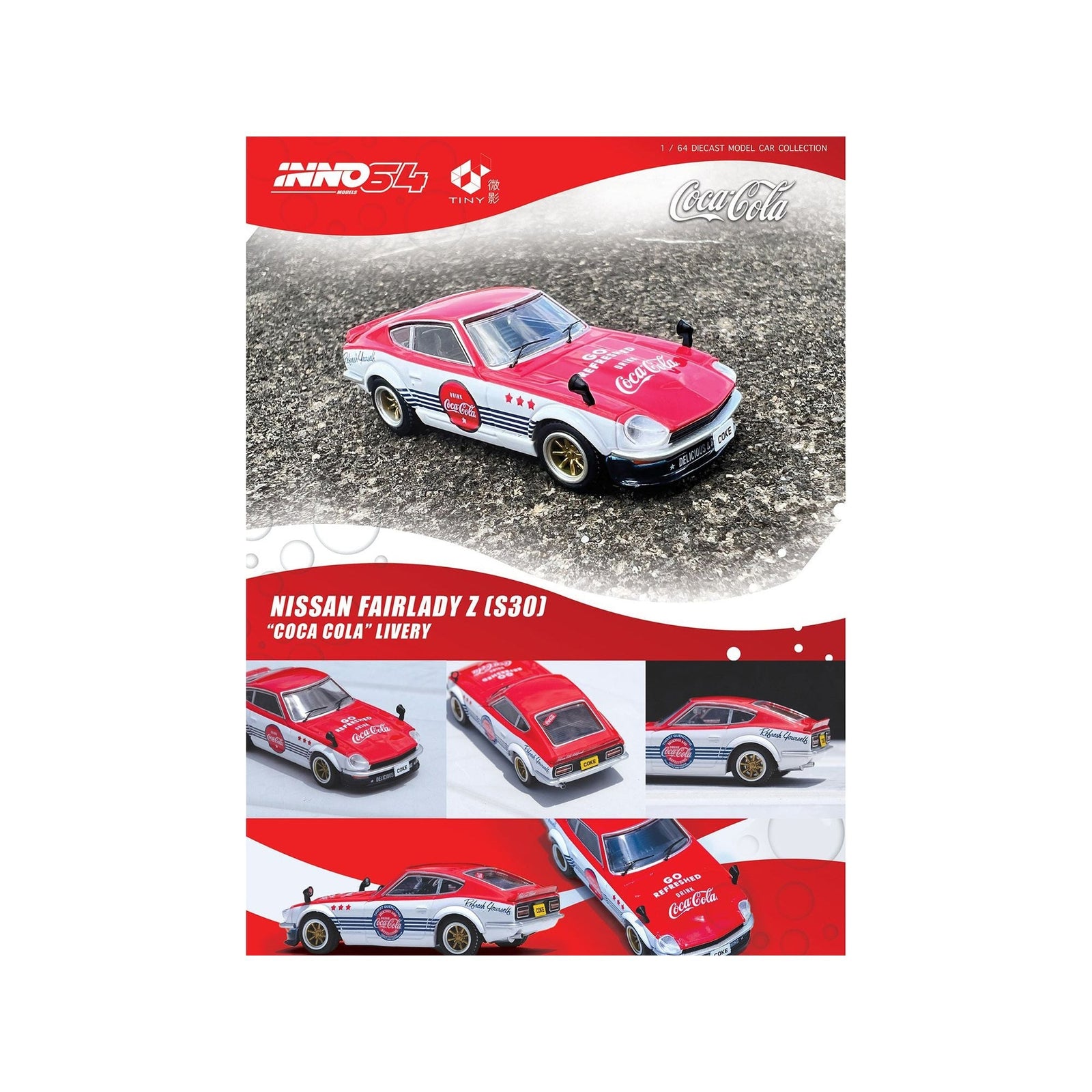 Nissan Fairlady Z (S30) RHD (Right Hand Drive) Red and White with Blue Stripes "Coca - Cola" 1/64 Diecast Model Car by Inno Models - Inno Models - ModelCars.com