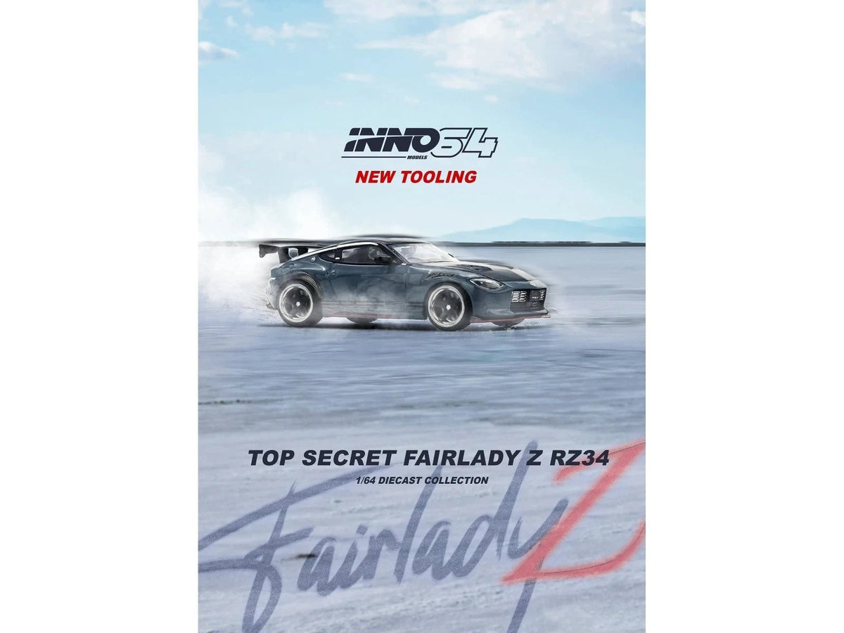 Nissan Fairlady Z "Top Secret" (RZ34) RHD (Right Hand Drive) Stealth Gray with Carbon Hood and Black Top 1/64 Diecast Model Car by Inno Models-Inno Models-ModelCars.com