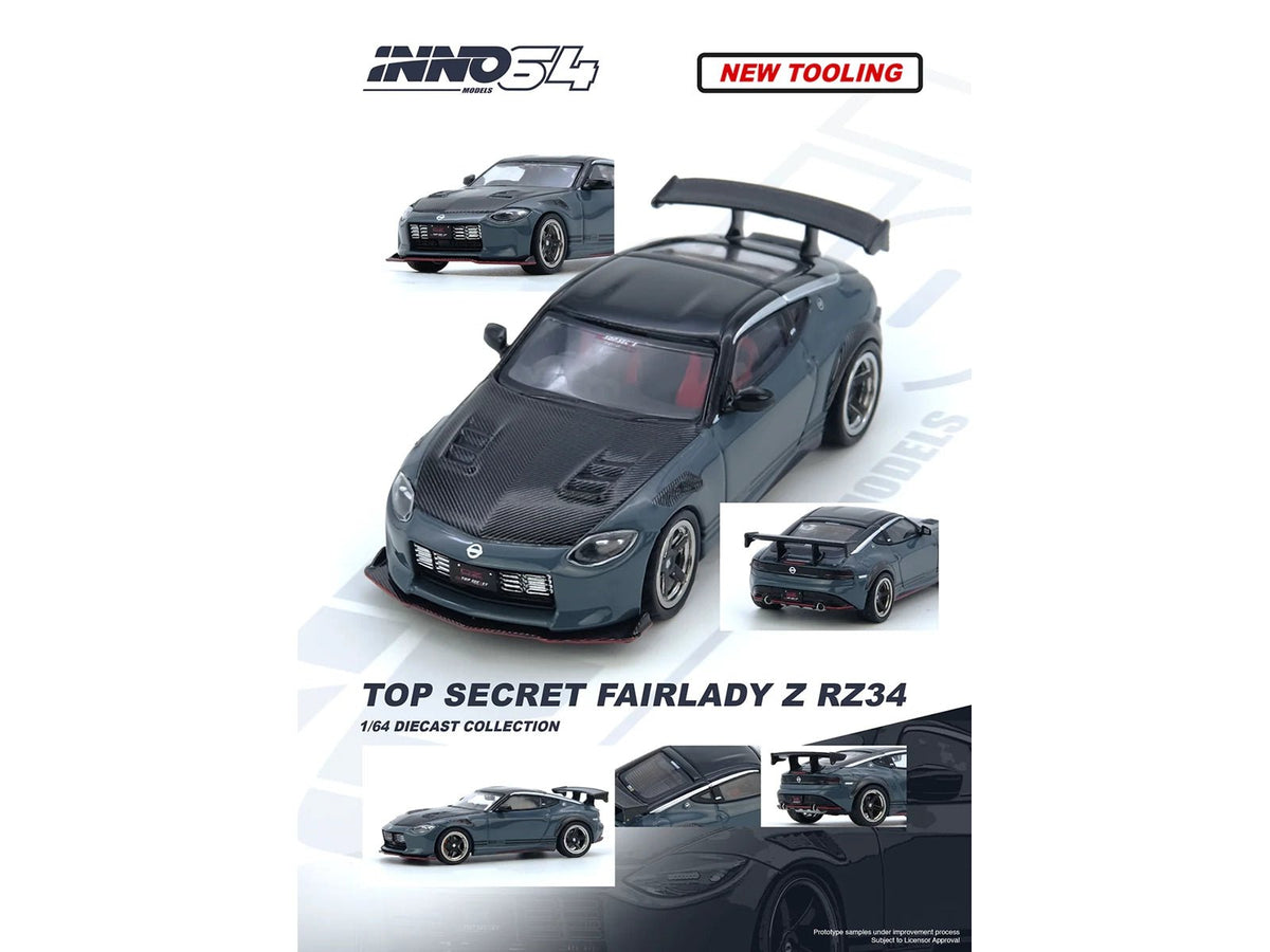 Nissan Fairlady Z "Top Secret" (RZ34) RHD (Right Hand Drive) Stealth Gray with Carbon Hood and Black Top 1/64 Diecast Model Car by Inno Models-Inno Models-ModelCars.com