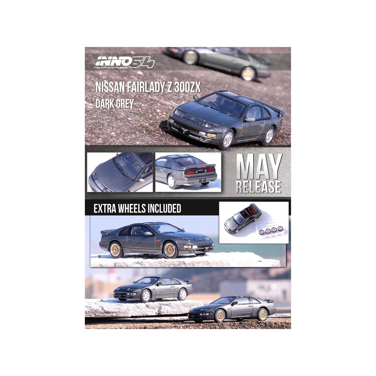 Nissan Fairlady Z (Z32) RHD (Right Hand Drive) Oxford Gray Metallic with Extra Wheels 1/64 Diecast Model Car by Inno Models-Inno Models-ModelCars.com