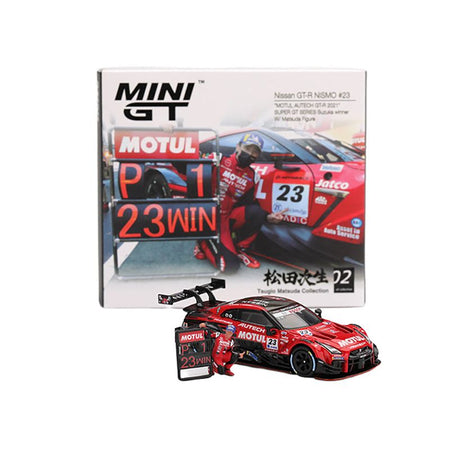 Nissan GT-R NISMO #23 Tsugio Matsuda - Ronnie Quintarelli "MOTUL AUTECH" Winner "Suzuka - Super GT Series" (2021) with Matsuda Figure Limited Edition 1/64 Diecast Model Car by Mini GT-Mini GT-ModelCars.com
