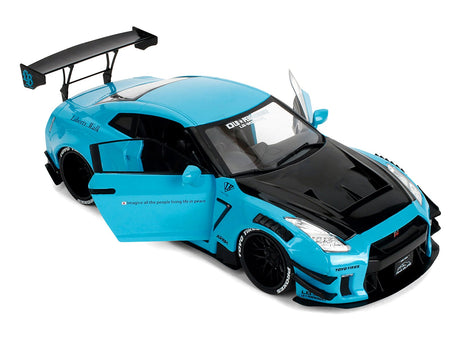 Nissan GT-R (R35) Liberty Walk Body Kit 2.0 RHD (Right Hand Drive) Blue with Black Hood "Pink Slips" Series 1/18 Diecast Model Car by Jada-Jada-ModelCars.com