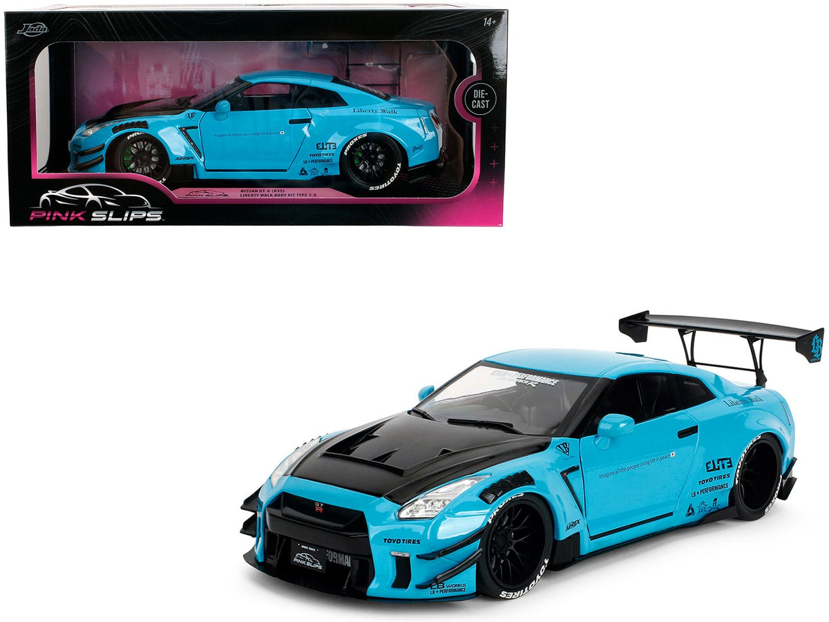 Nissan GT-R (R35) Liberty Walk Body Kit 2.0 RHD (Right Hand Drive) Blue with Black Hood "Pink Slips" Series 1/18 Diecast Model Car by Jada-Jada-ModelCars.com