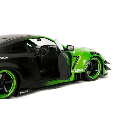 Nissan GT-R (R35) Liberty Walk Body Kit 2.0 RHD (Right Hand Drive) Green and Matt Black "Pink Slips" Series 1/18 Diecast Model Car by Jada-Jada-ModelCars.com