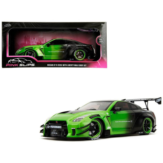 Nissan GT-R (R35) Liberty Walk Body Kit 2.0 RHD (Right Hand Drive) Green and Matt Black "Pink Slips" Series 1/18 Diecast Model Car by Jada-Jada-ModelCars.com