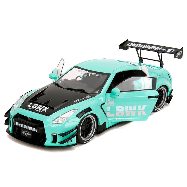 Nissan GT-R (R35) Liberty Walk Body Kit 2.0 RHD (Right Hand Drive) Light Blue with Black Hood and White Stripes "Pink Slips" Series 1/18 Diecast Model Car by Jada-Jada-ModelCars.com