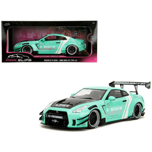 Nissan GT-R (R35) Liberty Walk Body Kit 2.0 RHD (Right Hand Drive) Light Blue with Black Hood and White Stripes "Pink Slips" Series 1/18 Diecast Model Car by Jada