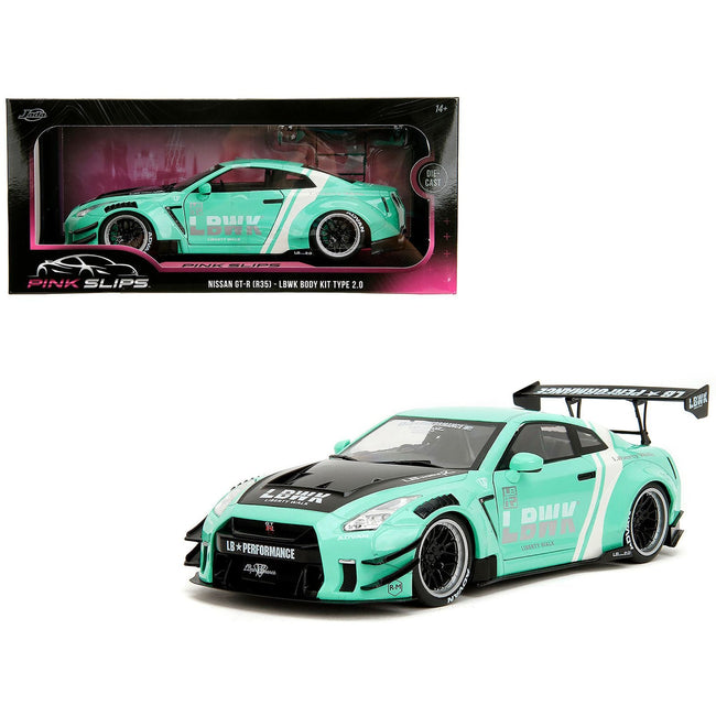 Nissan GT-R (R35) Liberty Walk Body Kit 2.0 RHD (Right Hand Drive) Light Blue with Black Hood and White Stripes "Pink Slips" Series 1/18 Diecast Model Car by Jada-Jada-ModelCars.com