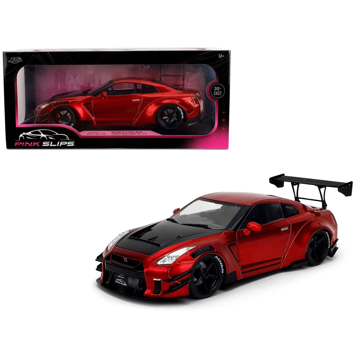 Nissan GT-R (R35) Liberty Walk Body Kit 2.0 RHD (Right Hand Drive) Red Metallic with Carbon Hood "Pink Slips" Series 1/18 Diecast Model Car by Jada-Jada-ModelCars.com