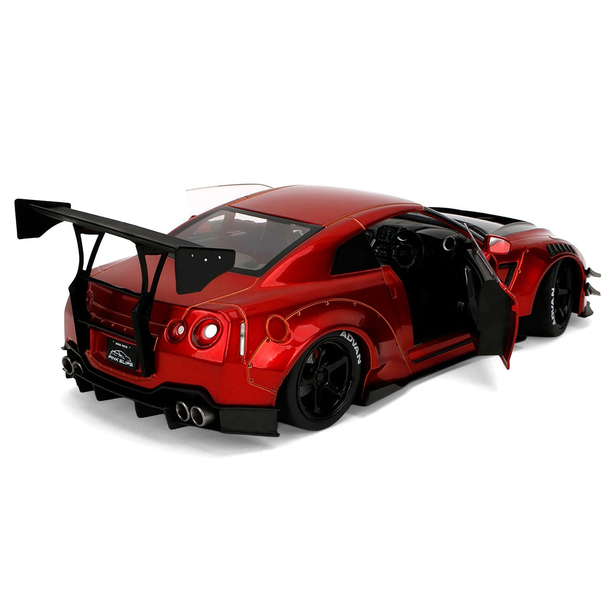 Nissan GT-R (R35) Liberty Walk Body Kit 2.0 RHD (Right Hand Drive) Red Metallic with Carbon Hood "Pink Slips" Series 1/18 Diecast Model Car by Jada-Jada-ModelCars.com