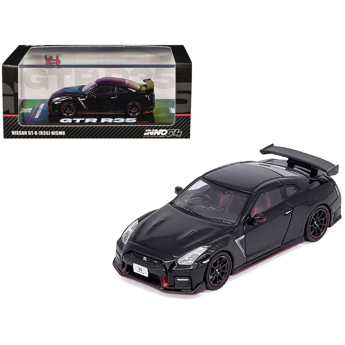 Nissan GT-R (R35) Nismo RHD (Right Hand Drive) Nismo Black with Carbon Hood and Top 1/64 Diecast Model Car by Inno Models-Inno Models-ModelCars.com