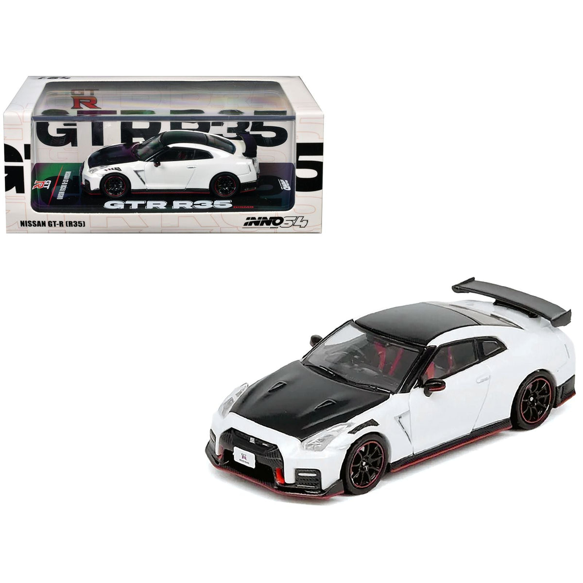 Nissan GT-R (R35) Nismo RHD (Right Hand Drive) White with Carbon Hood and Top 1/64 Diecast Model Car by Inno Models-Inno Models-ModelCars.com