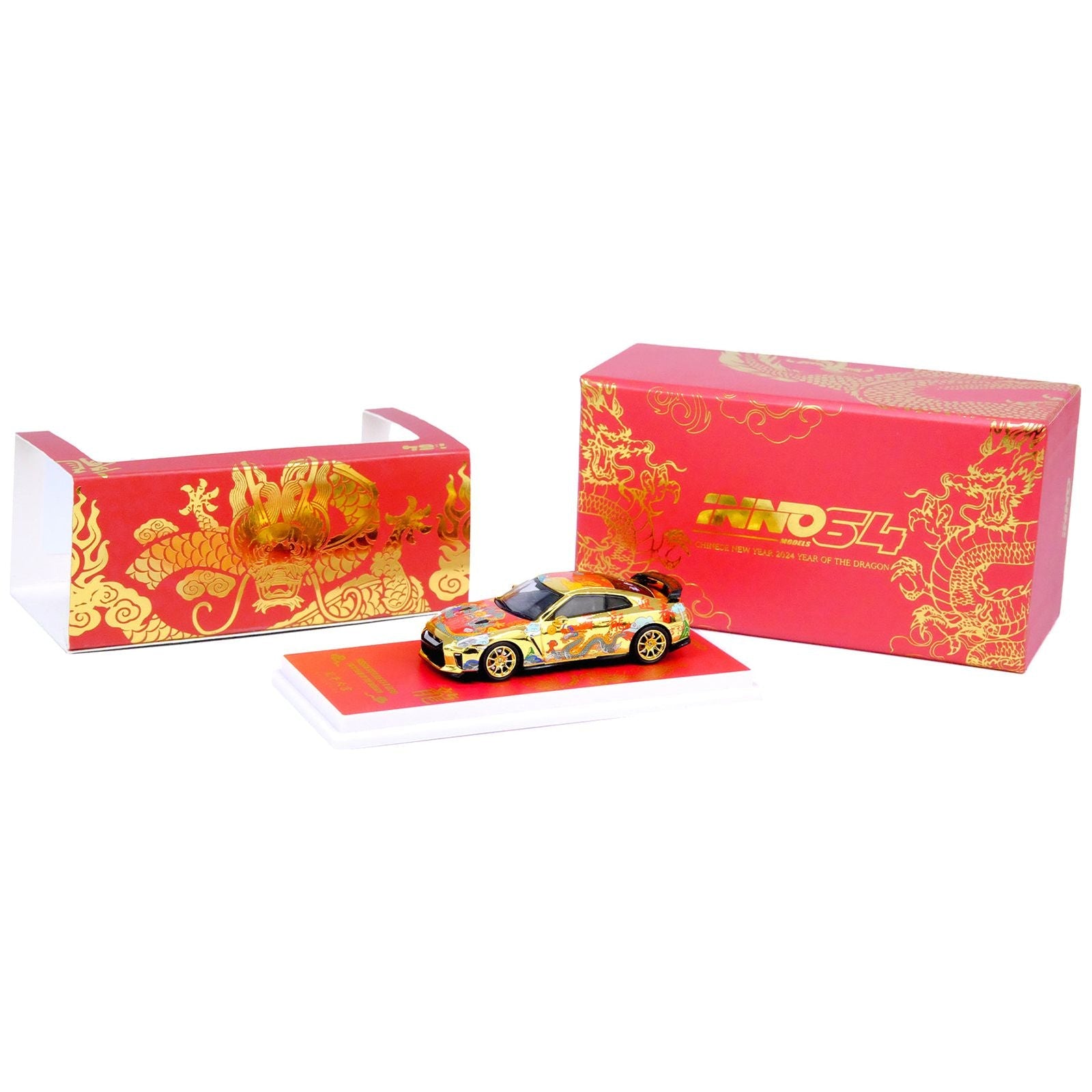 Nissan GT - R (R35) RHD (Right Hand Drive) Gold Metallic with Graphics "Year of the Dragon - 2024 Chinese New Year Special Edition" 1/64 Diecast Model Car by Inno Models - Inno Models - ModelCars.com