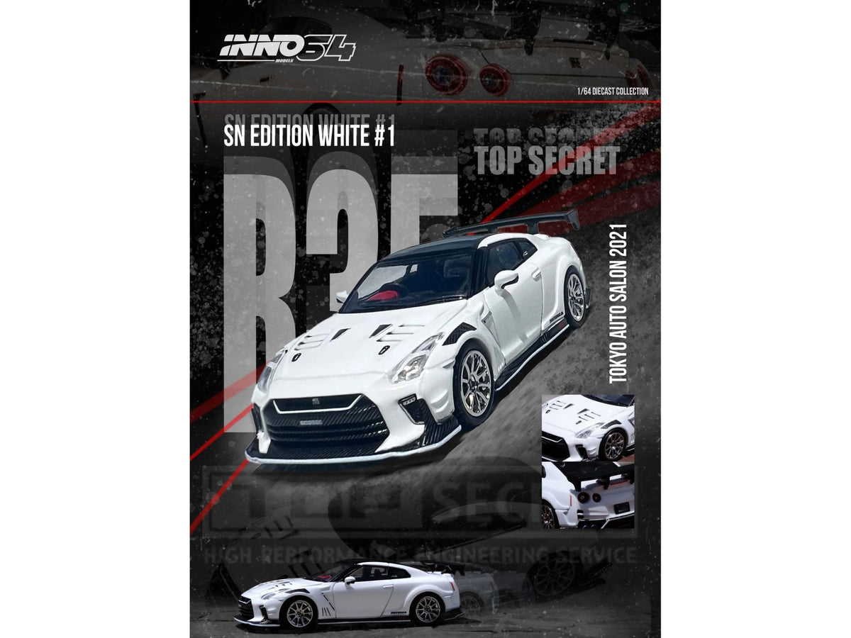 Nissan GT-R (R35) "Top Secret" RHD (Right Hand Drive) White with Black Top "Tokyo Auto Salon 2021" 1/64 Diecast Model Car by Inno Models-Inno Models-ModelCars.com