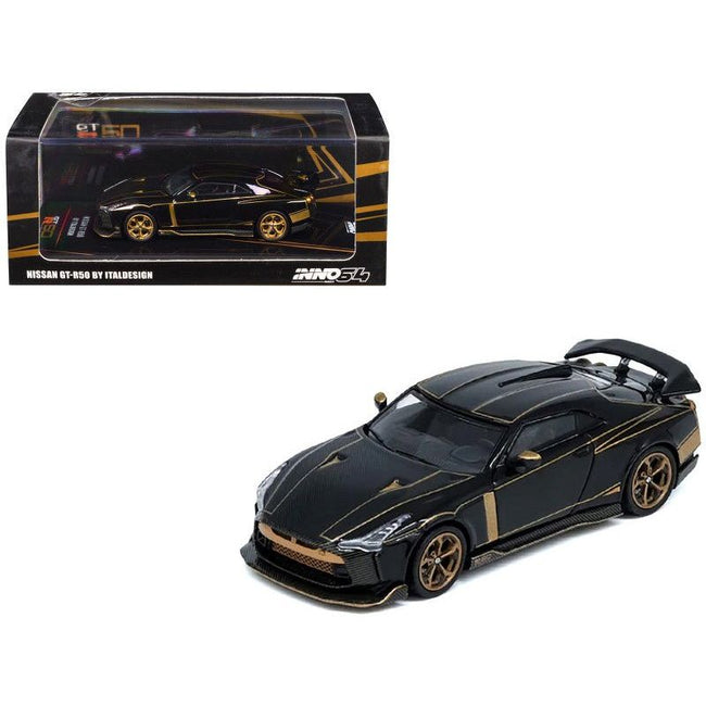 Nissan GT-R50 By ItalDesign Black with Gold Accents and Carbon Hood 1/64 Diecast Model Car by Inno Models-Inno Models-ModelCars.com