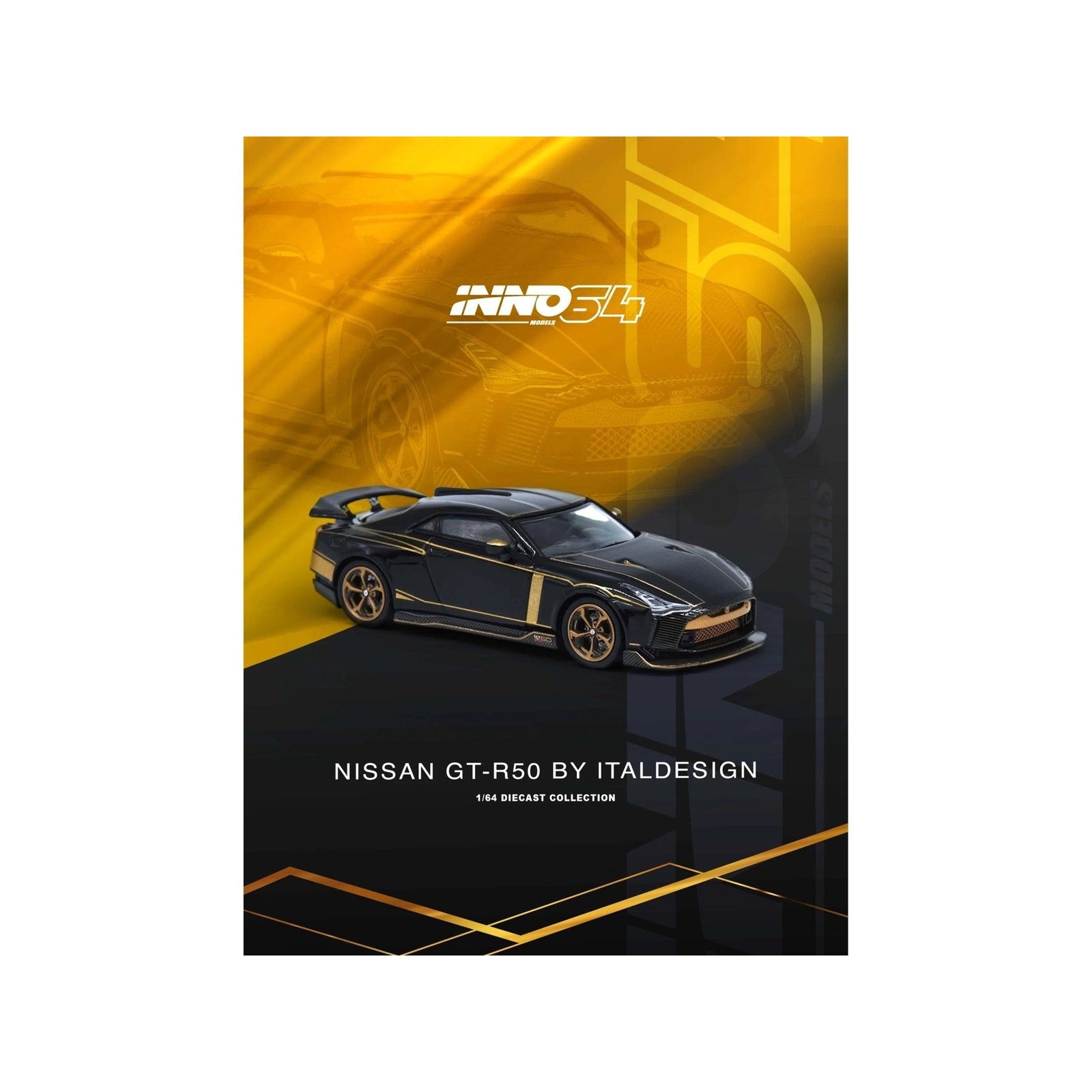 Nissan GT - R50 By ItalDesign Black with Gold Accents and Carbon Hood 1/64 Diecast Model Car by Inno Models - Inno Models - ModelCars.com