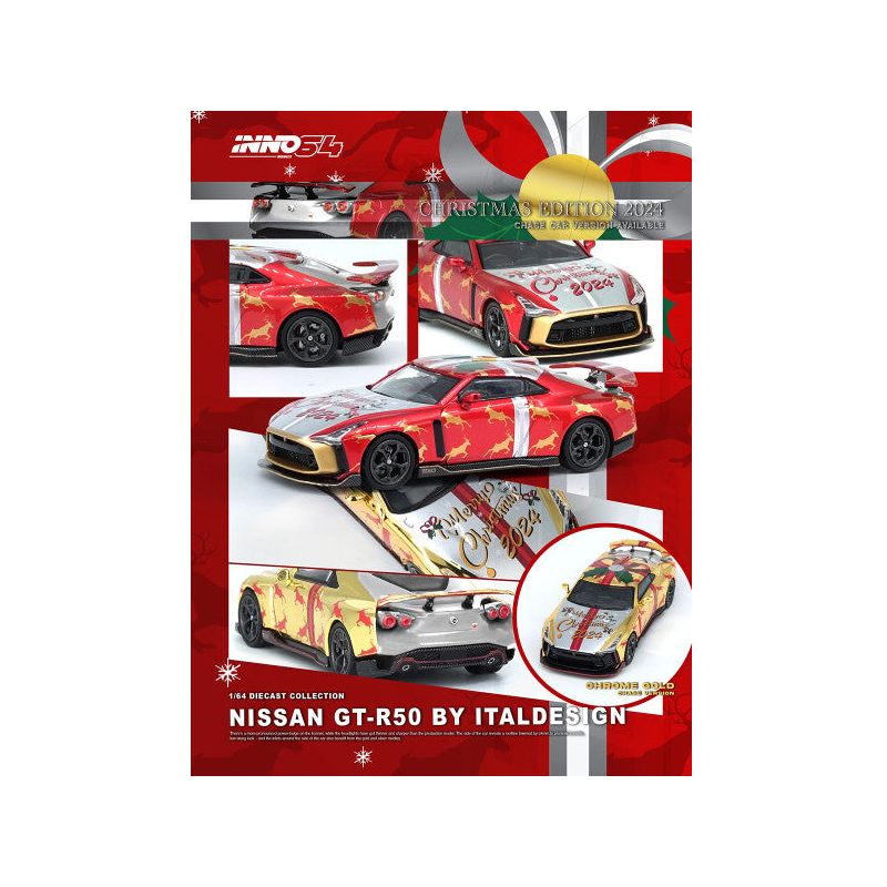 Nissan GT - R50 By ItalDesign RHD (Right Hand Drive) "Christmas 2024 Special Edition" Red Metallic with Christmas Graphics 1/64 Diecast Model Car by Inno Models - Inno Models - ModelCars.com