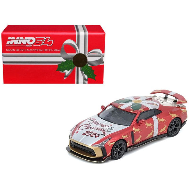 Nissan GT-R50 By ItalDesign RHD (Right Hand Drive) "Christmas 2024 Special Edition" Red Metallic with Christmas Graphics 1/64 Diecast Model Car by Inno Models-Inno Models-ModelCars.com