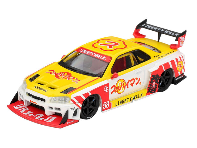 Nissan LB-ER34 Super Silhouette Skyline RHD (Right Hand Drive) #58 "Suppaiman Okinawa" Yellow and White with Graphics Limited Edition 1/64 Diecast Model Car by Mini GT-Mini GT-ModelCars.com