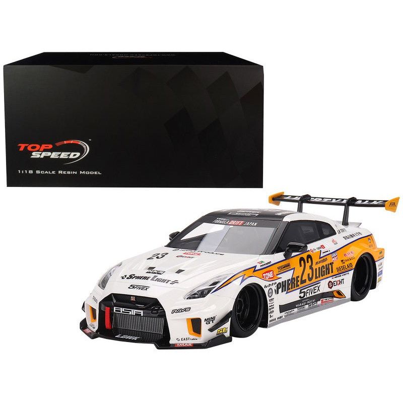 Nissan LB - Silhouette WORKS GT 35GT - RR Ver.1 RHD (Right Hand Drive) 23 White with Yellow Stripes "LB Racing" 1/18 Model Car by Top Speed - Top Speed - ModelCars.com
