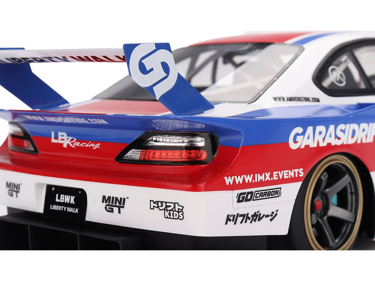 Nissan "LB-Super Silhouette" S15 SILVIA RHD (Right Hand Drive) 12 "GARASIDRIFT" White with Red and Blue Graphics 1/18 Model Car by Top Speed-Top Speed-ModelCars.com