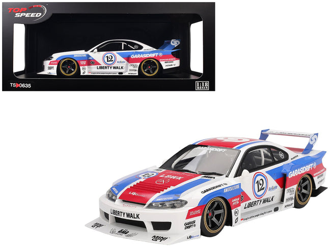 Nissan "LB-Super Silhouette" S15 SILVIA RHD (Right Hand Drive) 12 "GARASIDRIFT" White with Red and Blue Graphics 1/18 Model Car by Top Speed-Top Speed-ModelCars.com