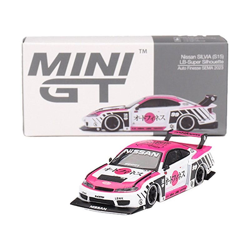 Nissan "LB - Super Silhouette" S15 SILVIA RHD (Right Hand Drive) 99 "Auto Finesse - SEMA 2023" White and Pink Limited Edition 1/64 Diecast Model Car by Mini GT - Mini GT - ModelCars.com