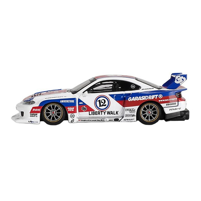 Nissan "LB-Super Silhouette" S15 SILVIA RHD (Right Hand Drive) "GARASIDRIFT x LBWK 2025" White with Blue and Red Stripes Limited Edition 1/64 Diecast Model Car by Mini GT-Mini GT-ModelCars.com