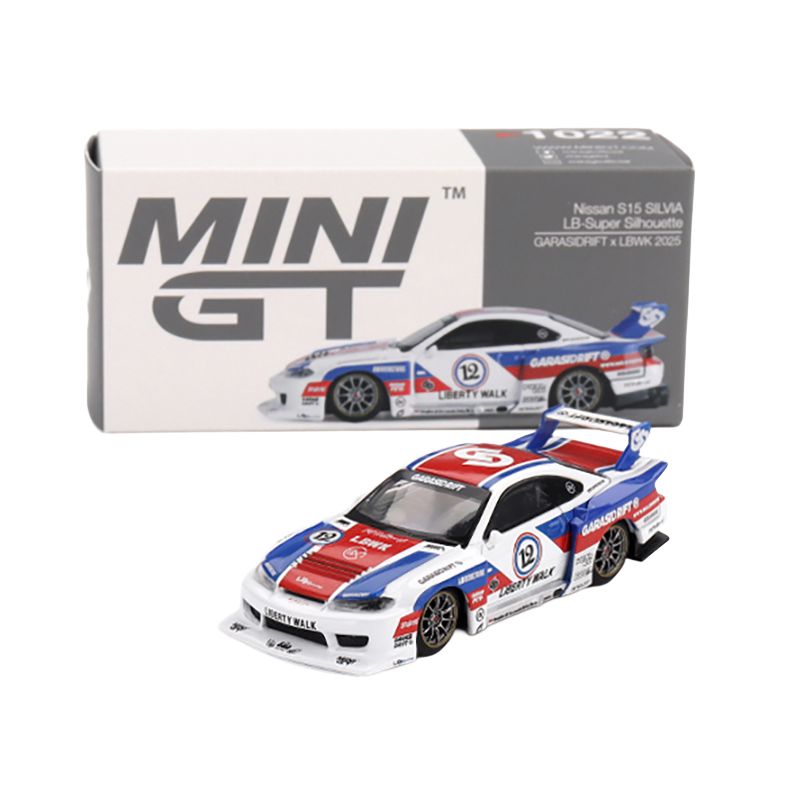 Nissan "LB-Super Silhouette" S15 SILVIA RHD (Right Hand Drive) "GARASIDRIFT x LBWK 2025" White with Blue and Red Stripes Limited Edition 1/64 Diecast Model Car by Mini GT-Mini GT-ModelCars.com