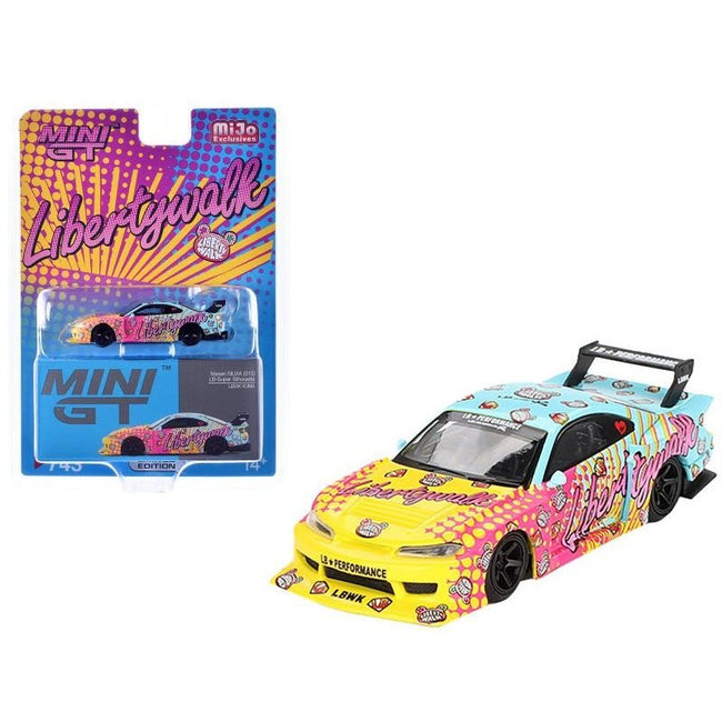 Nissan "LB-Super Silhouette" S15 SILVIA RHD (Right Hand Drive) Yellow and Blue with Pink Graphics "LBWK KUMA" Limited Edition 1/64 Diecast Model Car by Mini GT-Mini GT-ModelCars.com