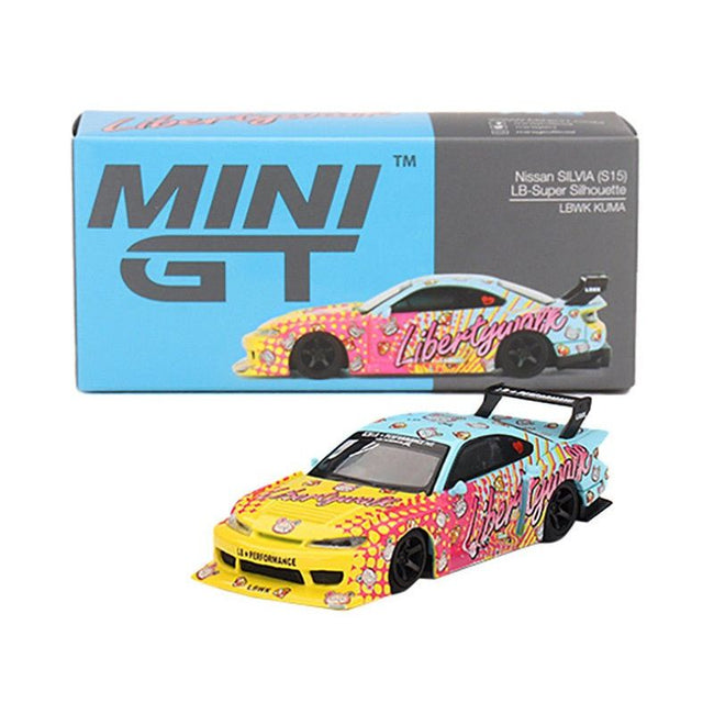 Nissan "LB-Super Silhouette" S15 SILVIA RHD (Right Hand Drive) Yellow and Blue with Pink Graphics "LBWK KUMA" Limited Edition 1/64 Diecast Model Car by Mini GT-Mini GT-ModelCars.com