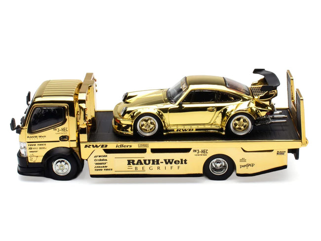 Nissan Pandem Fuso-300 Flatbed Truck RHD (Right Hand Drive) Gold Chrome and RWB 930 Gold Chrome with Graphics 2 Car Box Set "Hobby Expo China 2026" 1/64 Diecast Model Car by Pop Race-Pop Race-ModelCars.com