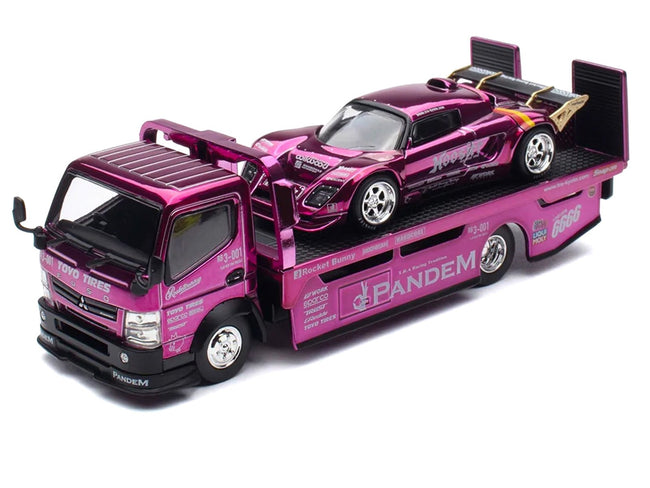 Nissan Pandem Fuso-300 Flatbed Truck RHD (Right Hand Drive) Purple Chrome and Lotus Pandem Elise Purple Chrome with Graphics 2 Car Box Set "Hobby Expo China 2026" 1/64 Diecast Model Car by Pop Race-Pop Race-ModelCars.com