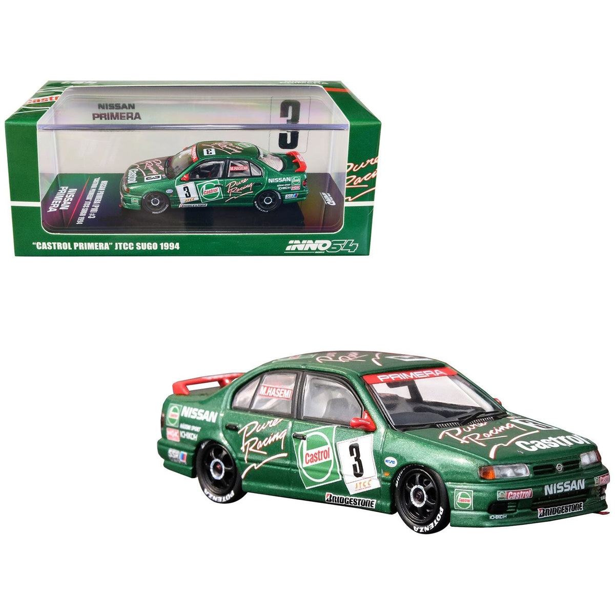 Nissan Primera (P10) RHD (Right Hand Drive) 3 Masahiro Hasemi "Castrol Primera" JTCC (Japanese Touring Car Championship) Sugo (1994) 1/64 Diecast Model Car by Inno Models-Inno Models-ModelCars.com