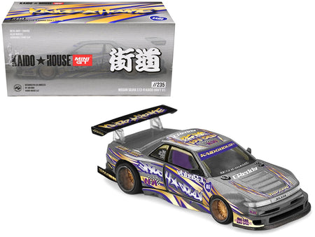 Nissan Silvia S13-R "Kaido Drift V1" RHD (Designed by Jun Imai) Gray Metallic with Graphics "Kaido House" Special 1/64 Diecast Model Car by Mini GT-Mini GT-ModelCars.com
