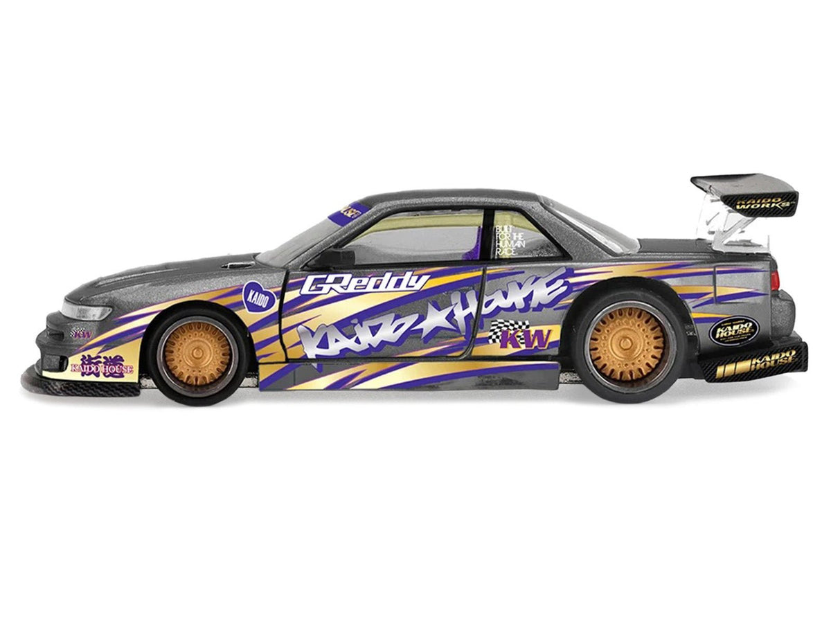 Nissan Silvia S13-R "Kaido Drift V1" RHD (Designed by Jun Imai) Gray Metallic with Graphics "Kaido House" Special 1/64 Diecast Model Car by Mini GT-Mini GT-ModelCars.com
