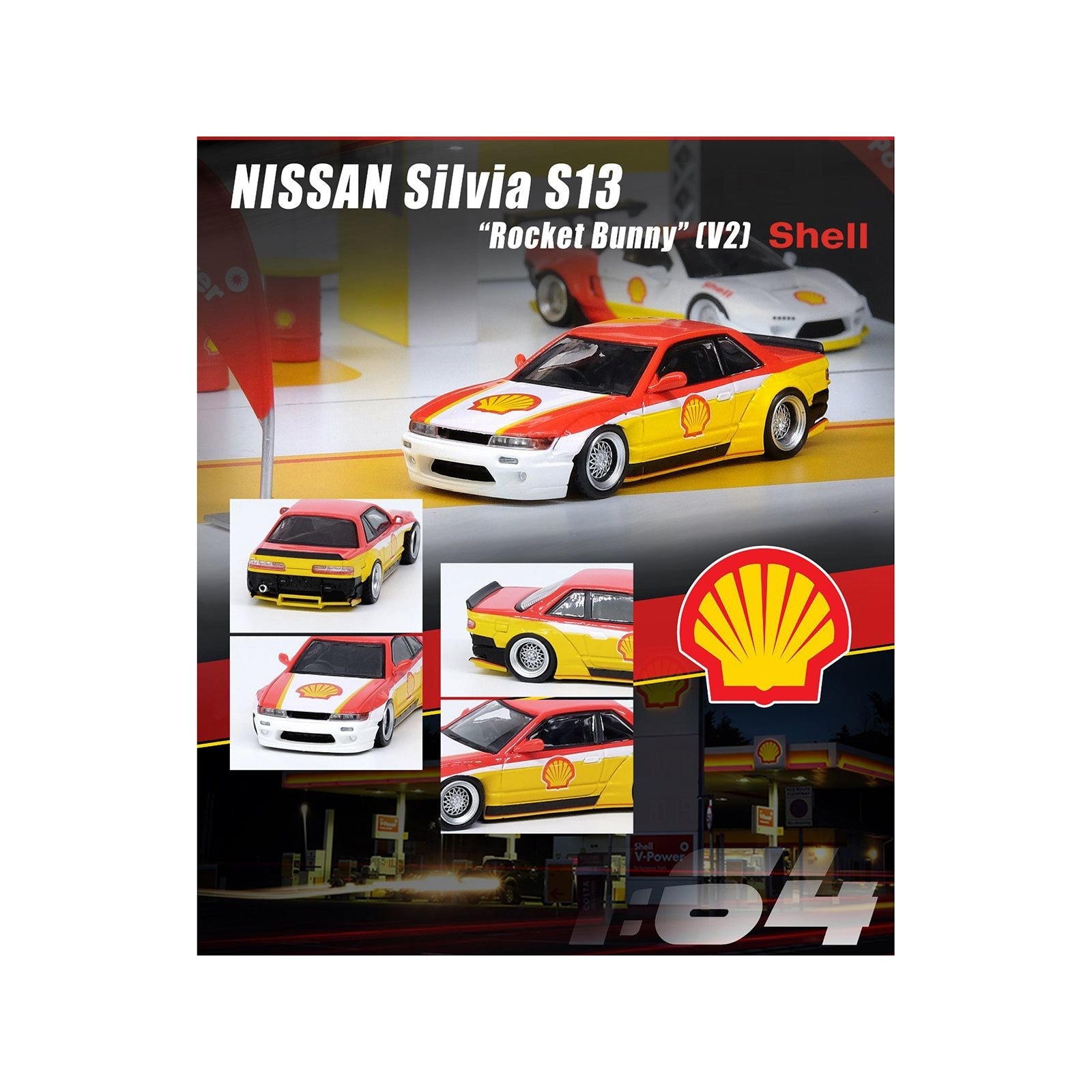 Nissan Silvia S13 Rocket Bunny V2 RHD (Right Hand Drive) Yellow and Red with White "Shell" 1/64 Diecast Model Car by Inno Models - Inno Models - ModelCars.com